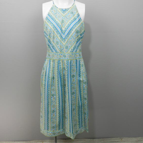 Ann Taylor Halter Midi Dress Sz 8 Petite Blue Green Paisley Floral Stripe Retro - Picture 12 of 13